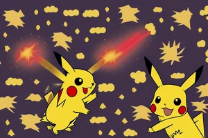 full body red pikachu with sparkle effect around it shooting a yellow lightening bolt at the opposing zacian standing in a clearing in a thick forest tattoo idea