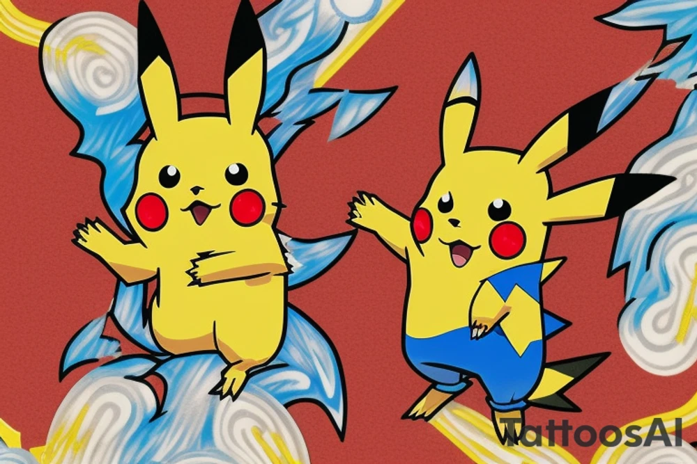 full body red pikachu with sparkle effect around it shooting a yellow lightening bolt at the opposing zacian standing in a clearing in a thick forest tattoo idea