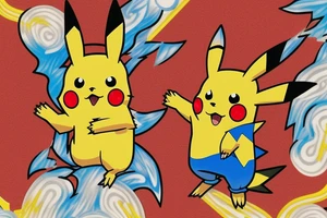 full body red pikachu with sparkle effect around it shooting a yellow lightening bolt at the opposing zacian standing in a clearing in a thick forest tattoo idea