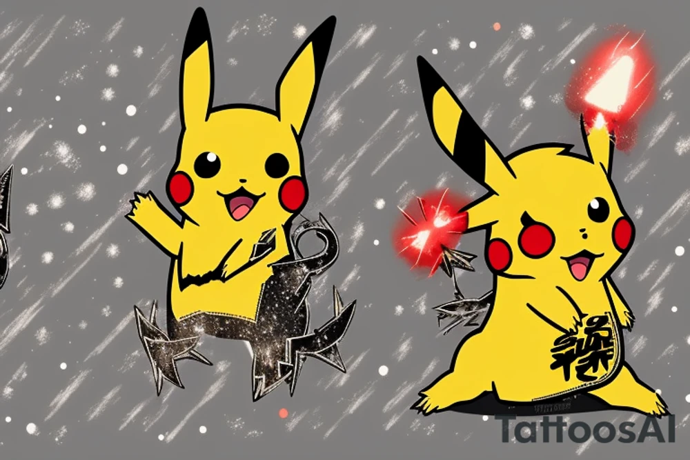 full body red pikachu with sparkle effect around it shooting a yellow lightening bolt at the opposing zacian standing in a clearing in a thick forest tattoo idea