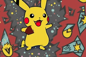 full body red pikachu with sparkle effect around it shooting a yellow lightening bolt at the opposing zacian standing in a clearing in a thick forest tattoo idea