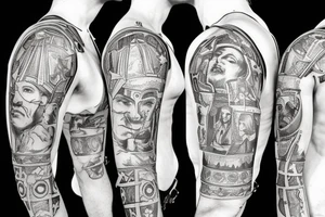 History of Ukraine + 16th century + Princes and warriors + People's resistance to the invaders + Zaporozhian Sich + sleeve + pick style Sketch + blach and white tattoo idea