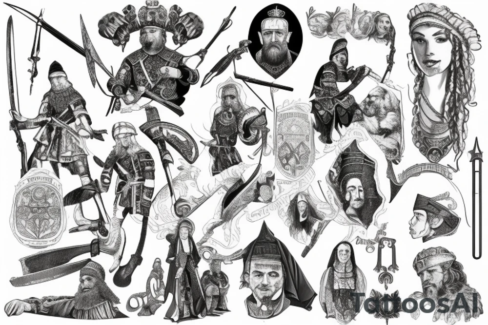 History of Ukraine + 16th century + Princes and warriors + People's resistance to the invaders + Zaporozhian Sich + sleeve + pick style Sketch + blach and white tattoo idea