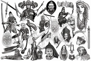 History of Ukraine + 16th century + Princes and warriors + People's resistance to the invaders + Zaporozhian Sich + sleeve + pick style Sketch + blach and white tattoo idea