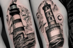 image of the light house with stormy weather and water and lightning with anchor chain infront with a compass and a clock with the remarks of since 2001 tattoo idea