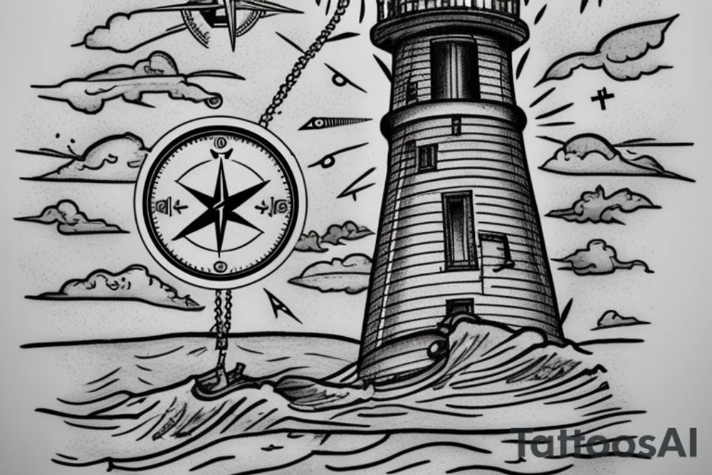 image of the light house with stormy weather and water and lightning with anchor chain infront with a compass and a clock with the remarks of since 2001 tattoo idea