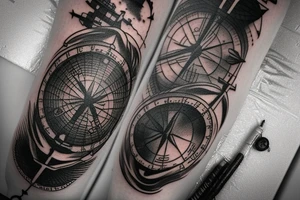 A lighthouse with stormy water birds an big anchor chain with an compass a map of namibia tattoo idea