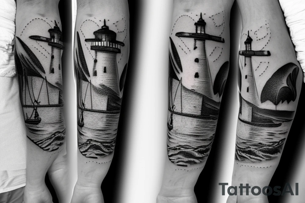 A lighthouse with stormy water birds an big anchor chain with an compass a map of namibia tattoo idea