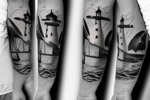 A lighthouse with stormy water birds an big anchor chain with an compass a map of namibia tattoo idea