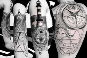 A lighthouse with stormy water birds an big anchor chain with an compass a map of namibia tattoo idea