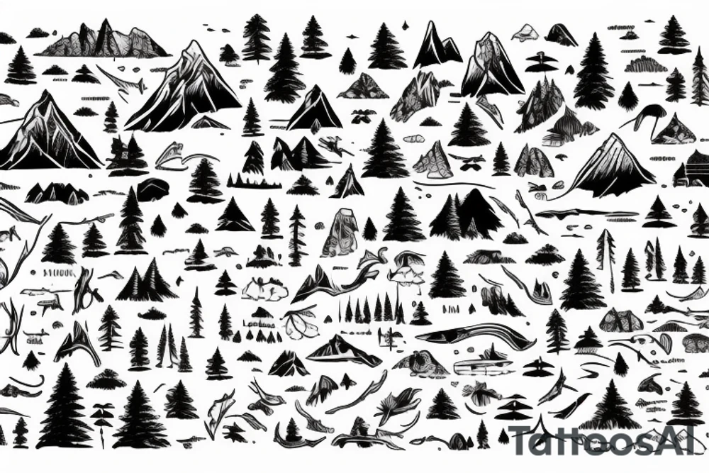 Badlapur city map, Canadian nature, moose antler, birds, plane, waterfall, mountain, forest trees tattoo idea