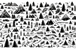 Badlapur city map, Canadian nature, moose antler, birds, plane, waterfall, mountain, forest trees tattoo idea