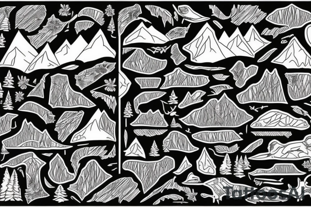 Badlapur city map, Canadian nature, moose antler, birds, plane, waterfall, mountain, forest trees tattoo idea