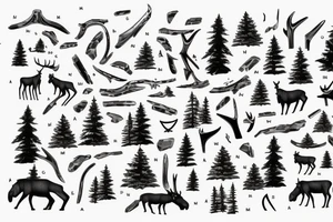 Badlapur city map, Canadian nature, moose antler, birds, plane, waterfall, mountain, forest trees tattoo idea