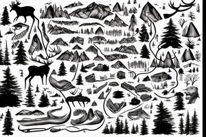 Badlapur city map, Canadian nature, moose antler, birds, plane, waterfall, mountain, forest trees tattoo idea