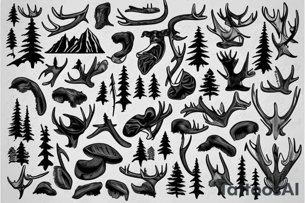 Moose antler with flowing waterfall into forest with plane passing tattoo idea
