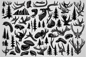 Moose antler with flowing waterfall into forest with plane passing tattoo idea