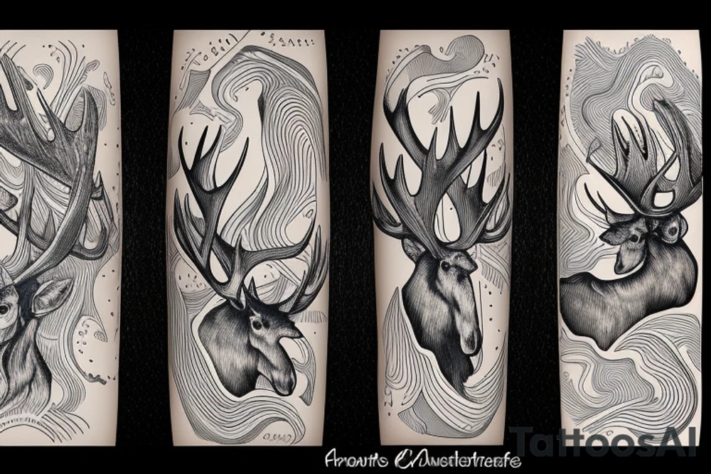 Moose antler with flowing waterfall into forest with plane passing tattoo idea