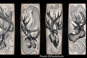 Moose antler with flowing waterfall into forest with plane passing tattoo idea