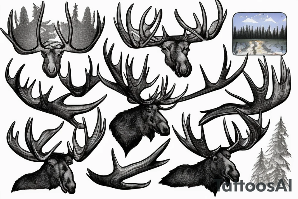 Moose antler with flowing waterfall into forest with plane passing tattoo idea
