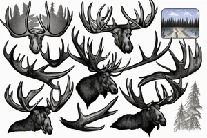 Moose antler with flowing waterfall into forest with plane passing tattoo idea