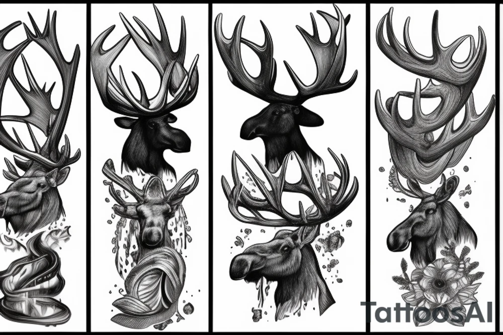 Moose antler with flowing waterfall into forest with plane passing tattoo idea