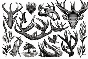 antler with flowing waterfall into forest with plane passing tattoo idea