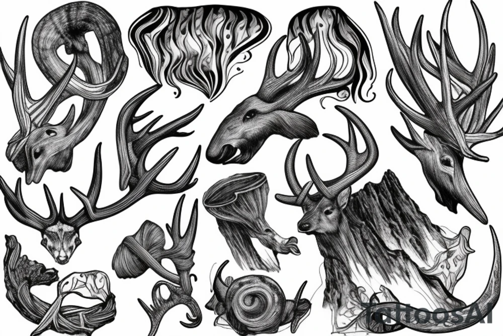antler with flowing waterfall into forest with plane passing tattoo idea