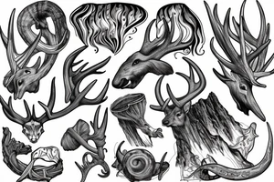antler with flowing waterfall into forest with plane passing tattoo idea