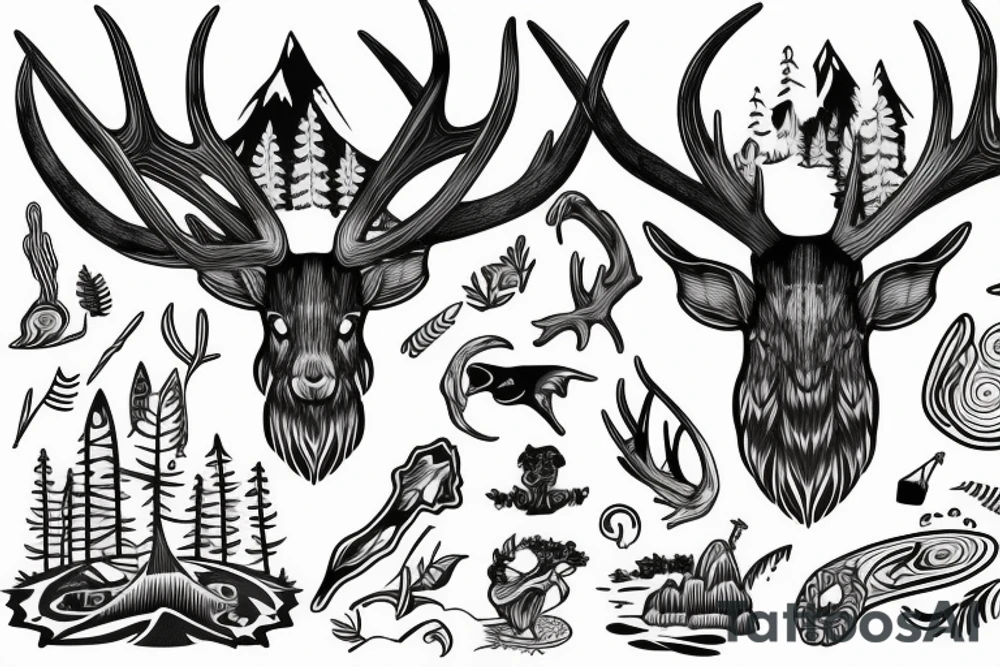 antler with flowing waterfall into forest with plane passing tattoo idea