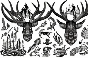 antler with flowing waterfall into forest with plane passing tattoo idea
