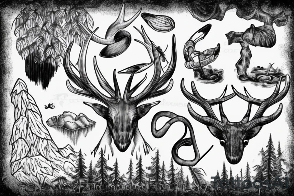 antler with flowing waterfall into forest with plane passing tattoo idea