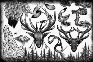 antler with flowing waterfall into forest with plane passing tattoo idea