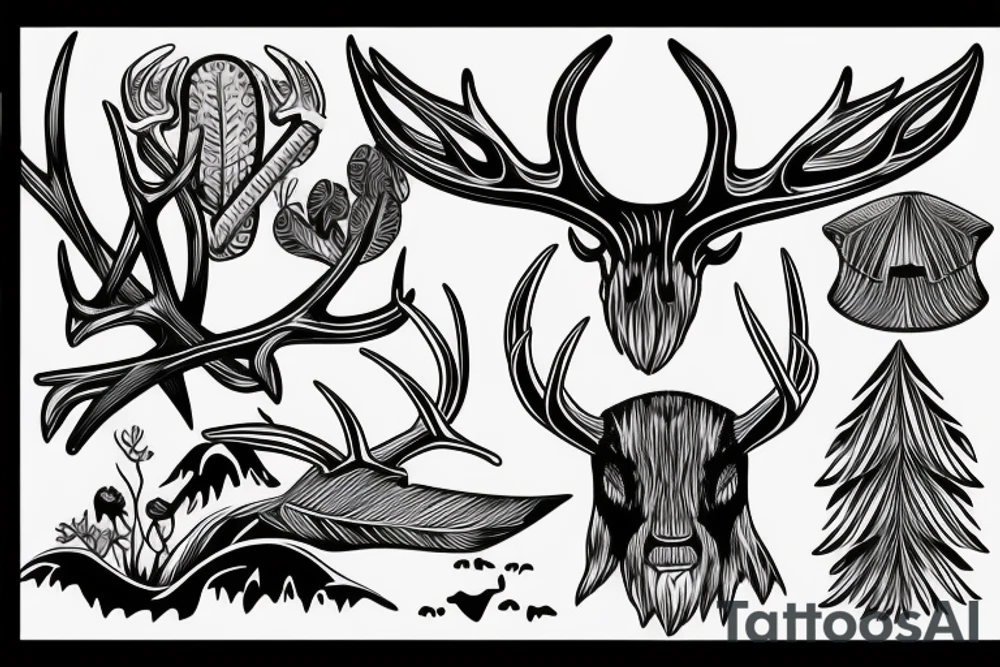 antler with waterfall into forest with plane passing tattoo idea