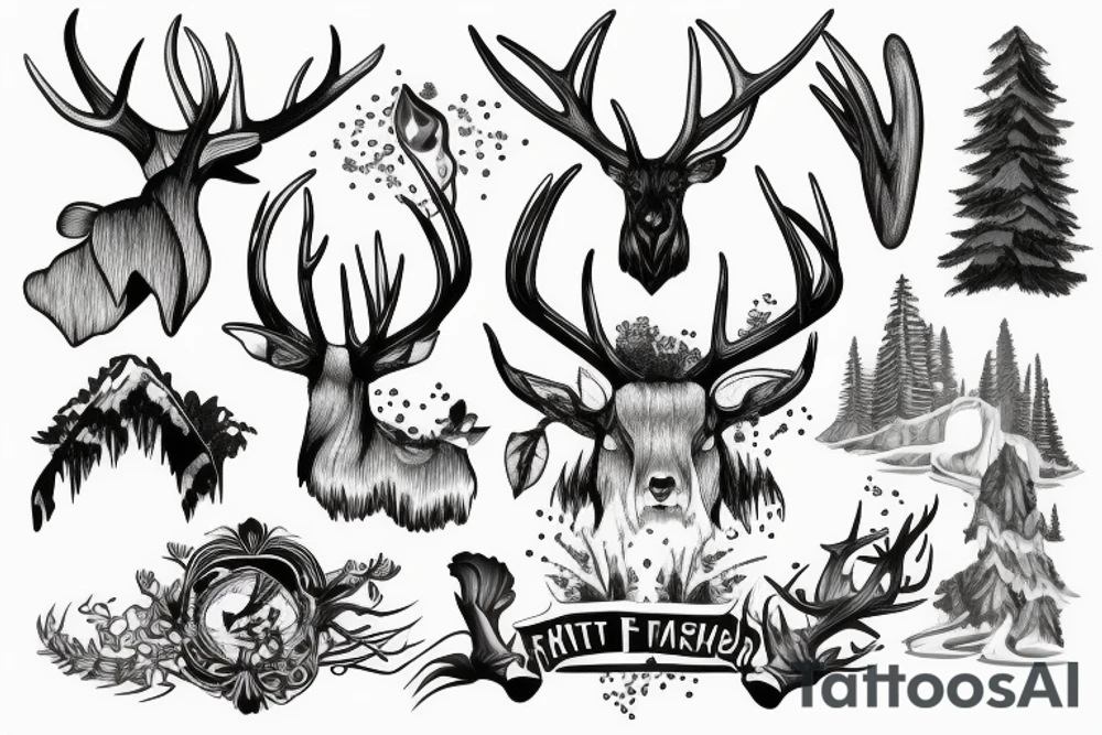 antler with waterfall into forest with plane passing tattoo idea