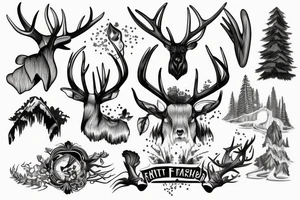 antler with waterfall into forest with plane passing tattoo idea