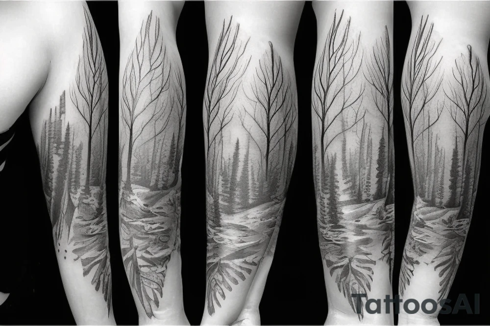 Sleeve tattoo with forest, animals, waterfalls tattoo idea
