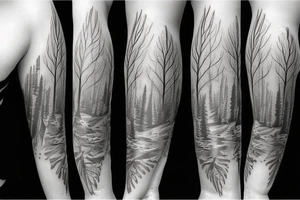 Sleeve tattoo with forest, animals, waterfalls tattoo idea