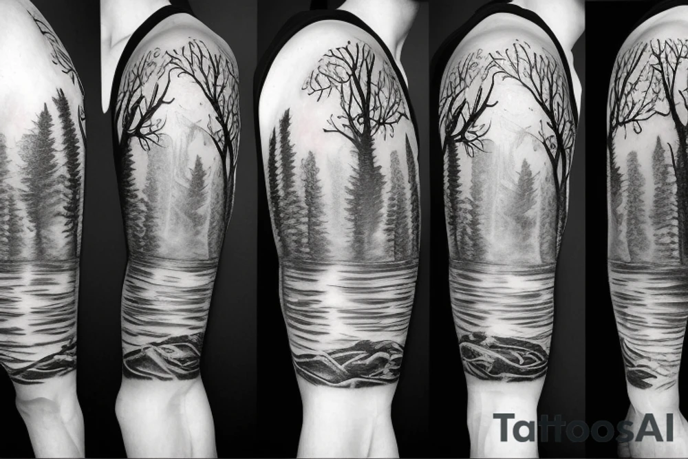 Sleeve tattoo with forest, animals, waterfalls tattoo idea