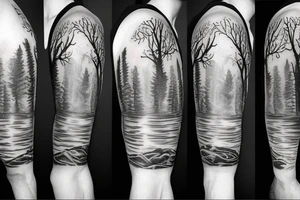 Sleeve tattoo with forest, animals, waterfalls tattoo idea