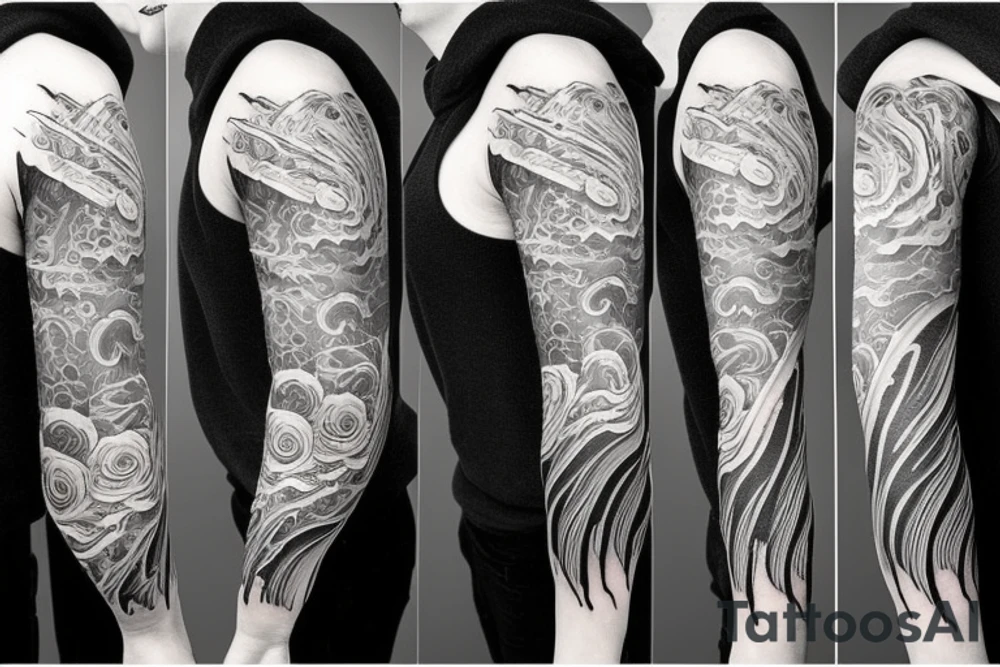Sleeve tattoo with waterfall,nightsky tattoo idea
