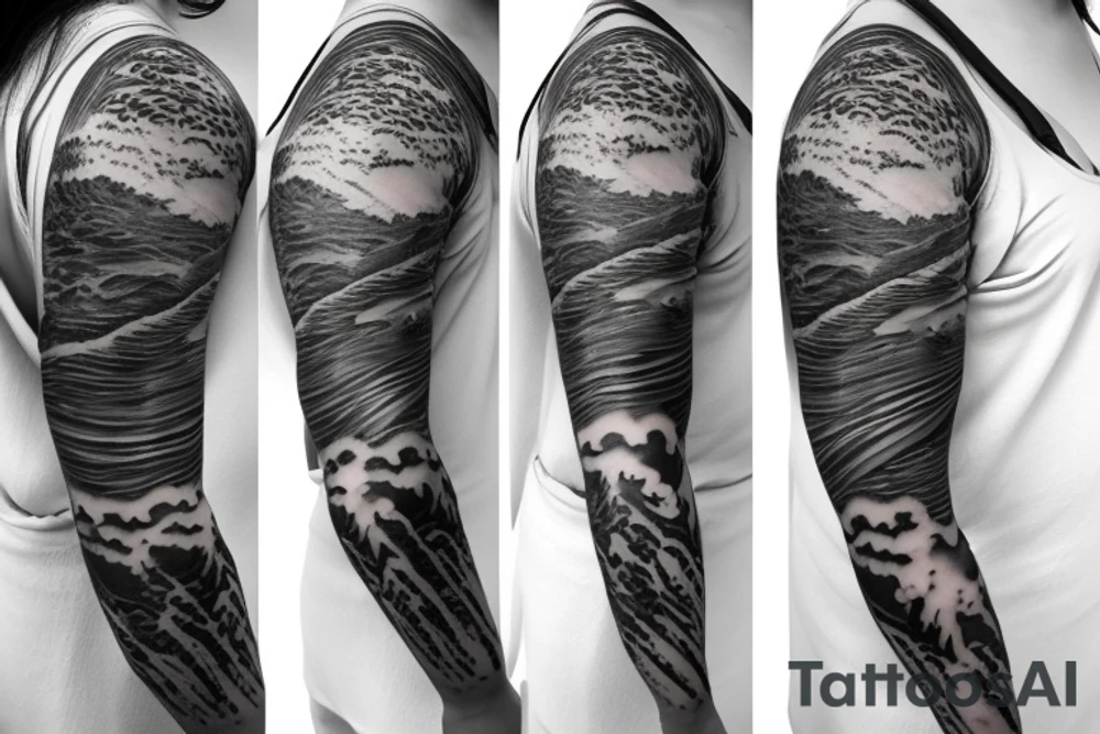 Sleeve tattoo with waterfall,nightsky tattoo idea