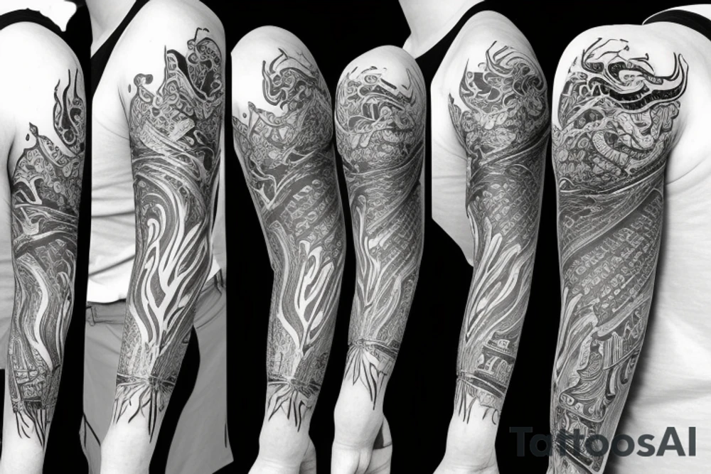 Sleeve tattoo with waterfall, nightsky tattoo idea