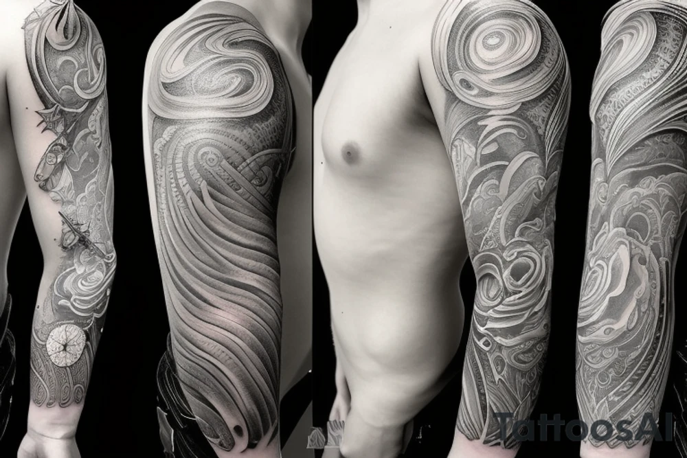 Sleeve tattoo with waterfall, nightsky tattoo idea