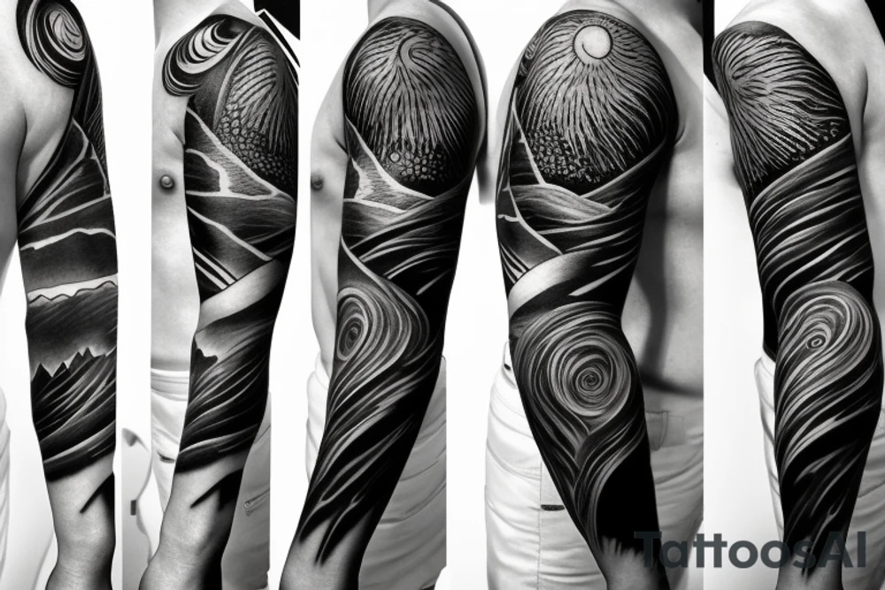 Sleeve tattoo with nightsky by waterfall tattoo idea