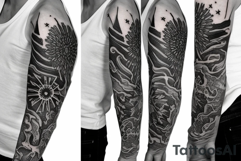 Sleeve tattoo with stars by waterfall tattoo idea Sleeve tattoo with stars by waterfall tattoo idea