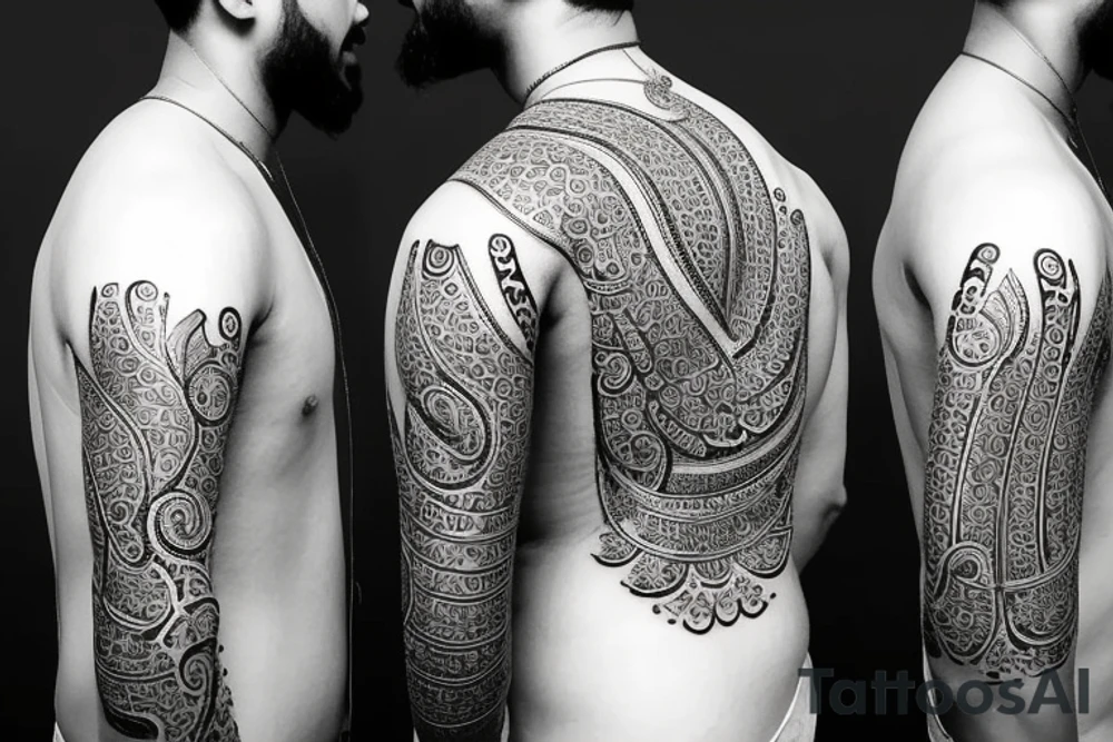 Sk initals in the background with emphasis on the following quote “मैं गहारा तमस 
तू सुनहारा सवेरा ” tattoo idea