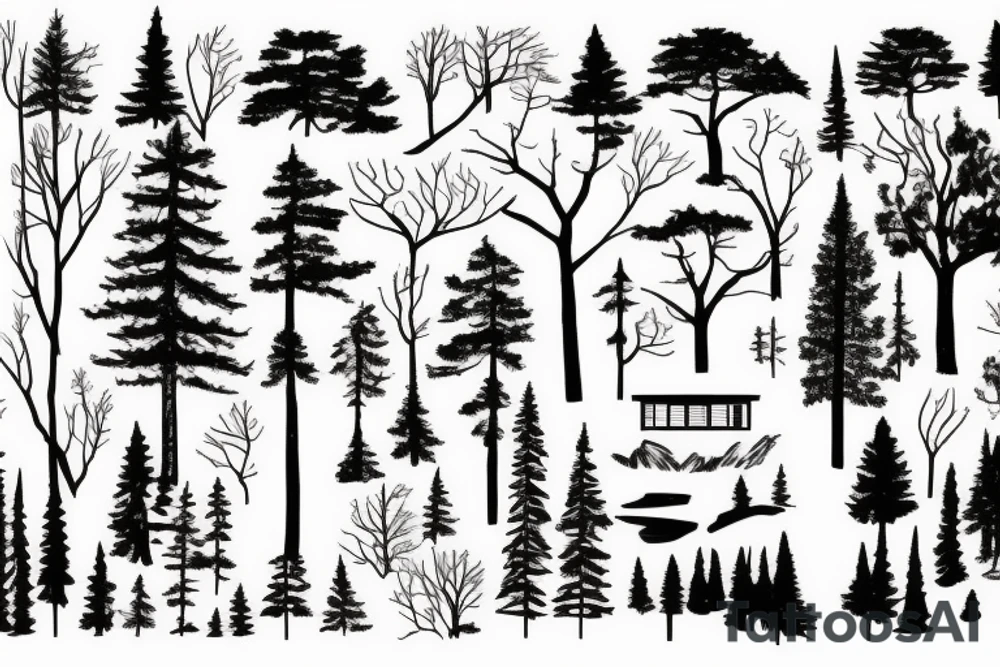 trees, lake, cabin, bandana tattoo idea