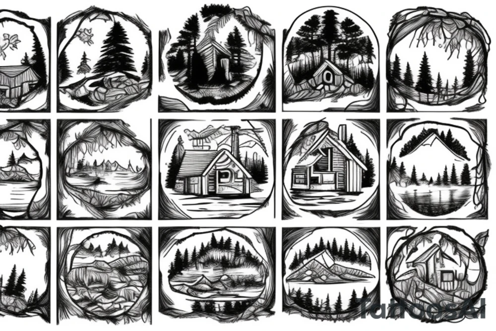 A cabin with a lake and trees tattoo idea