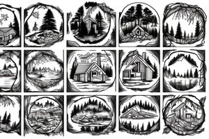 A cabin with a lake and trees tattoo idea